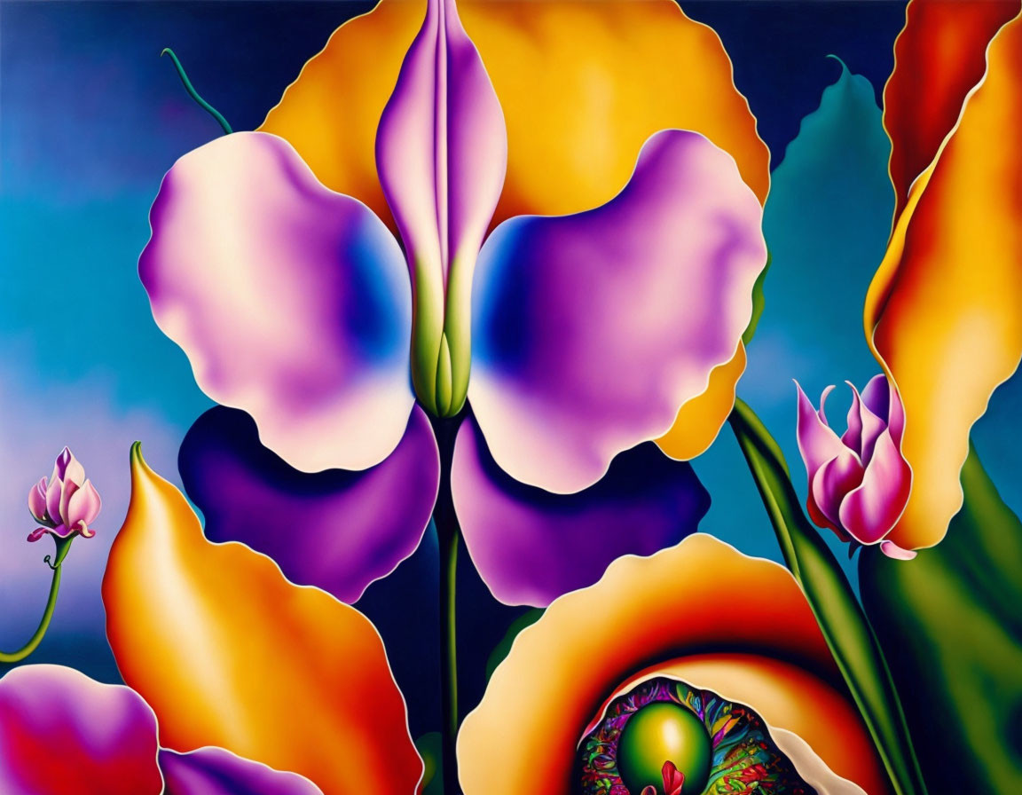 Colorful Stylized Flower Painting in Bold Purple and Orange Hues