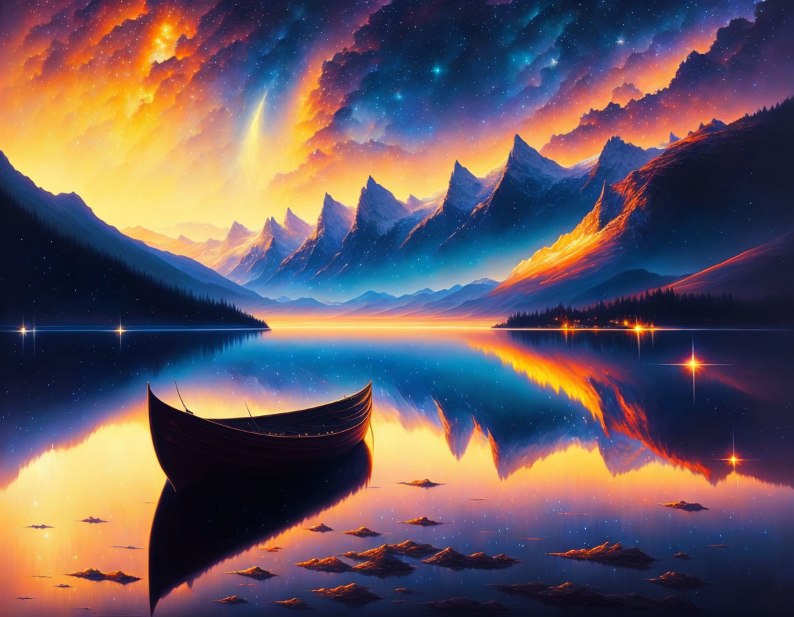 Tranquil digital art: serene lake, starry sky, mountains, solitary boat