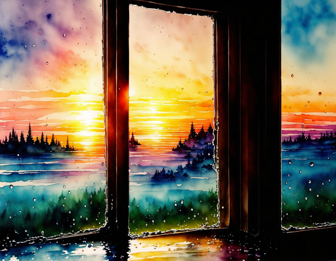 Colorful Watercolor Painting: Sunrise Through Rainy Window