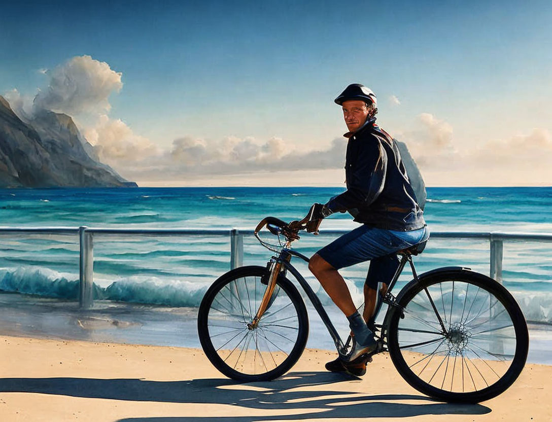 Person in helmet riding bicycle along coastal promenade with ocean backdrop