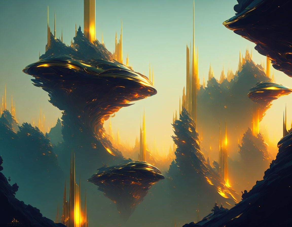 Fantastical landscape with towering spires and floating islands