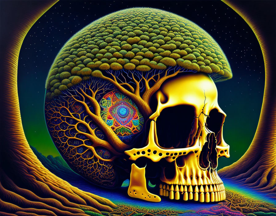 Skull with tree canopy in cosmic background with mandala-like pattern