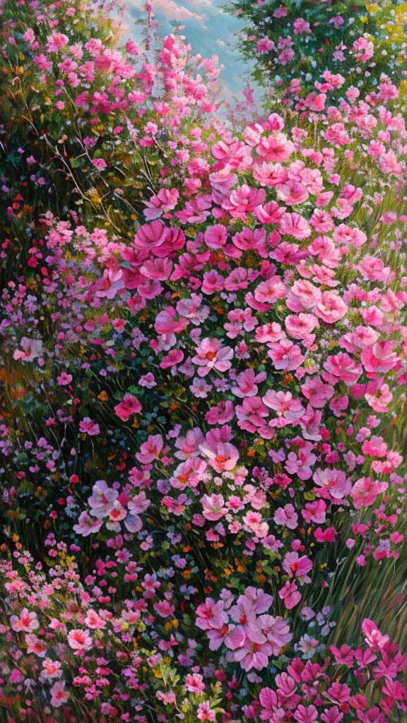 Lush garden painting with blooming pink flowers