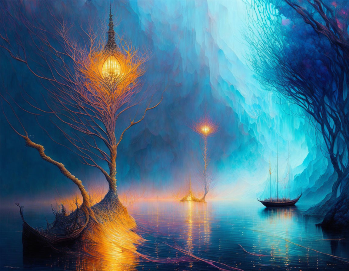 Fantasy landscape at dusk with glowing boat and lantern-lit trees