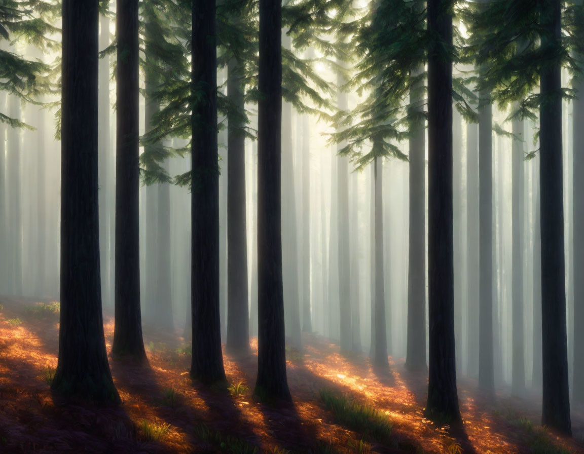 Misty forest with sunlight casting long shadows