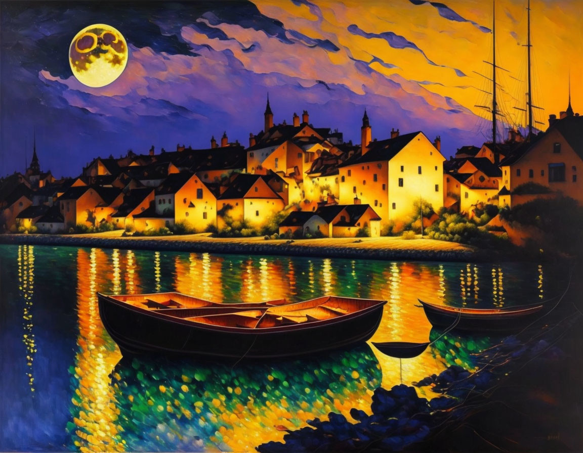 Nighttime riverside village painting: full moon, golden windows, shimmering water.