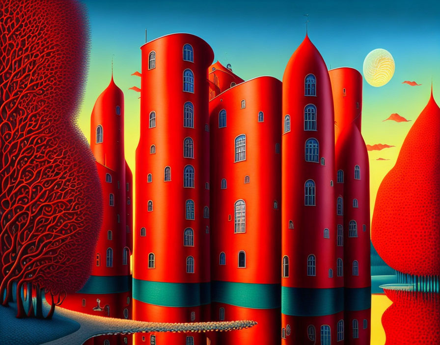 Surrealist painting: Red castle with cylindrical towers in a vibrant landscape