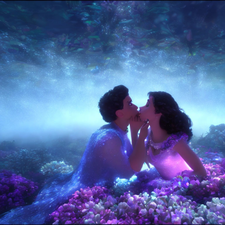 Animated characters in romantic scene with luminous flowers and starry backdrop