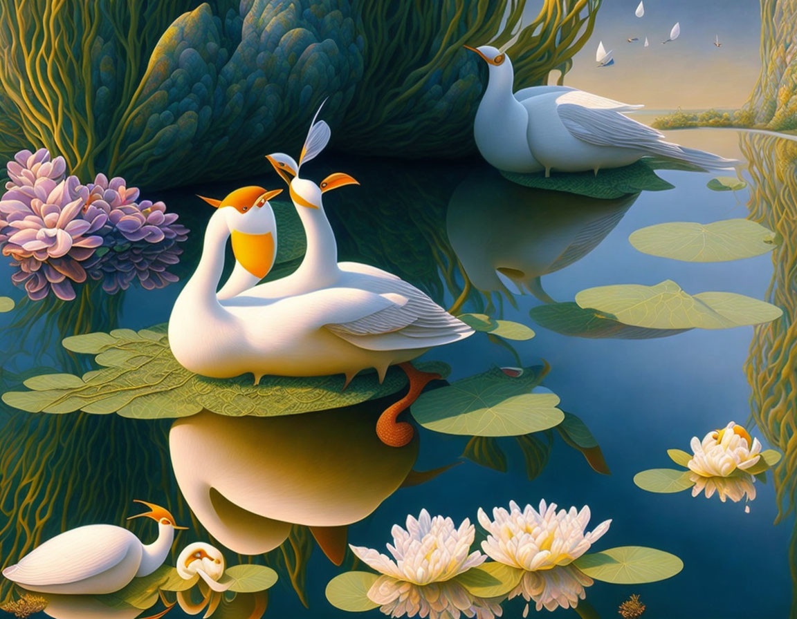 Stylized white birds with orange beaks on waterlilies in surreal artwork