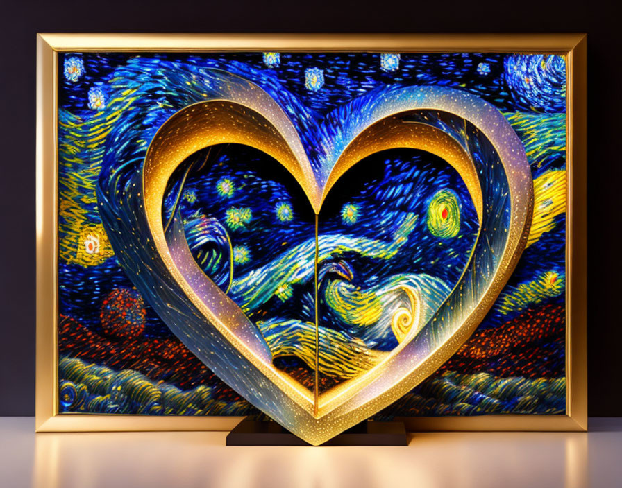 Heart-shaped illuminated sculpture with Van Gogh Starry Night motif on wall-mounted frame