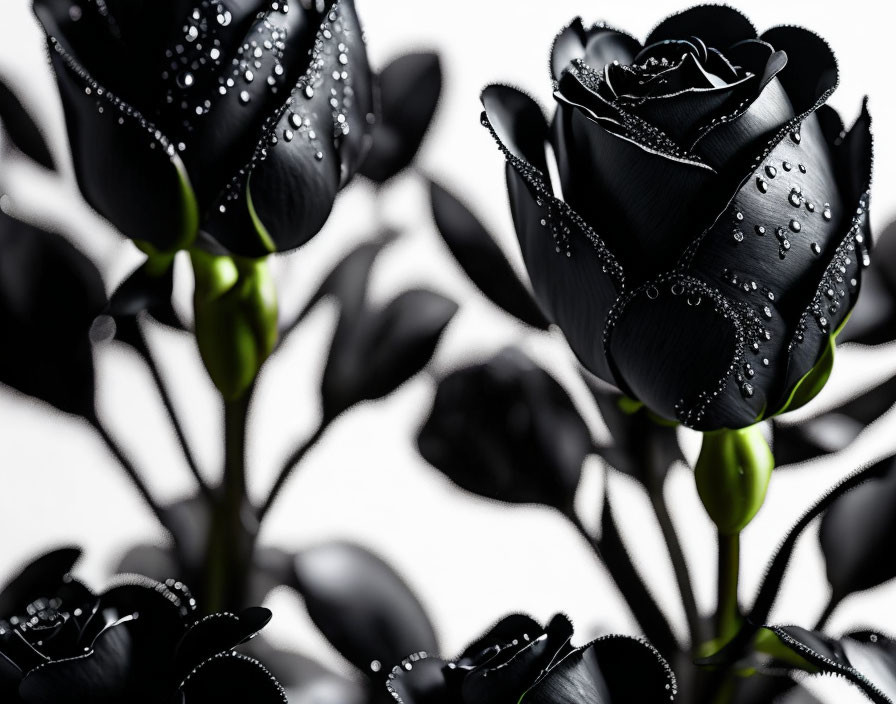 Dark black roses with water droplets on petals against a light background, highlighting contrast.