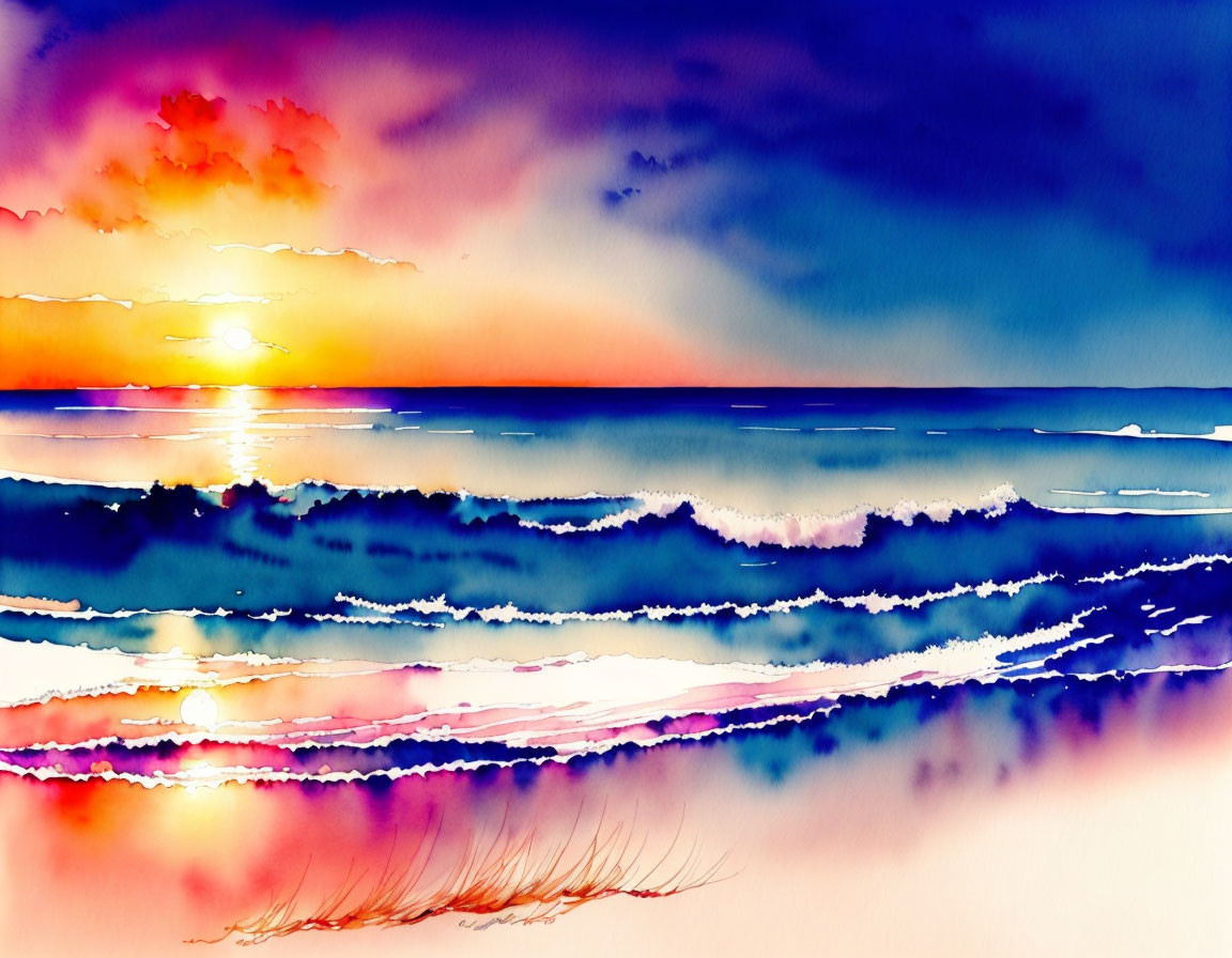 Vibrant Watercolor Painting: Sunset Over Ocean