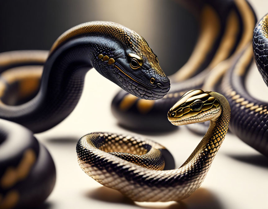 Black and Gold Snakes on Beige Background with Detailed Scales