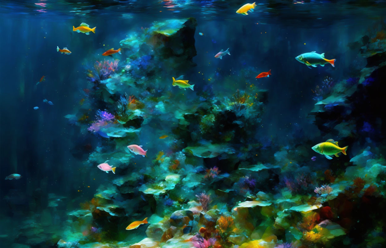 Colorful fish swim in vibrant underwater scene with coral reef under blue light