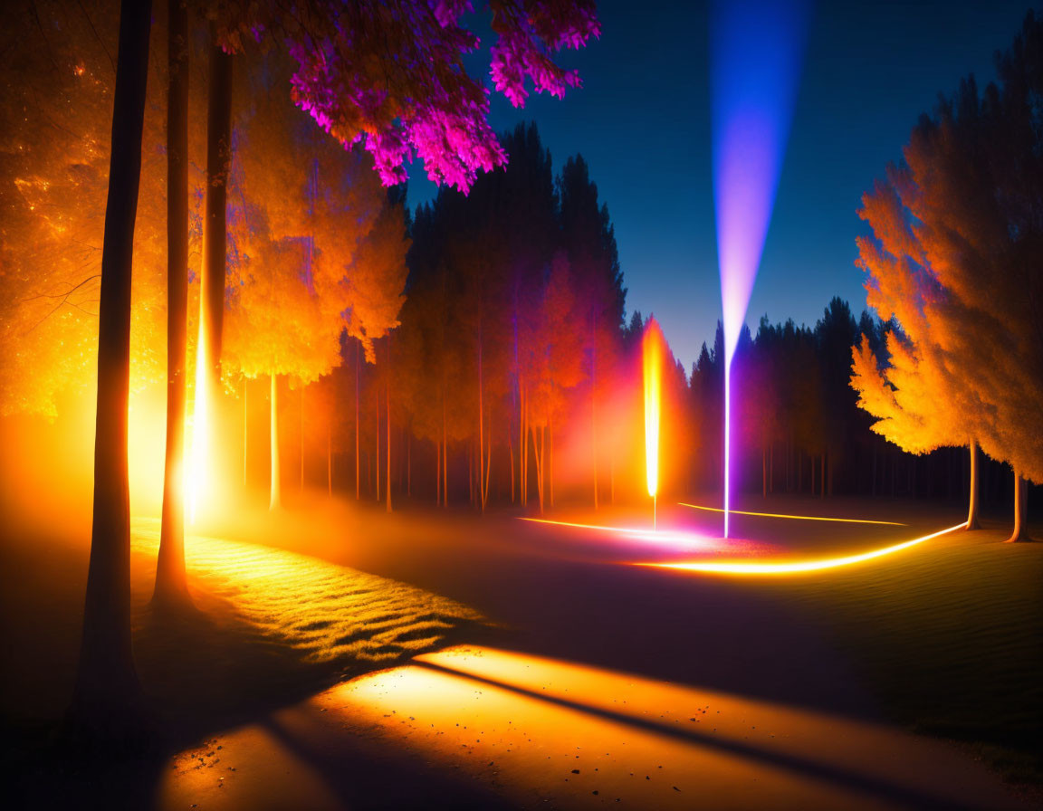 Surreal night landscape with glowing trees and blue beam