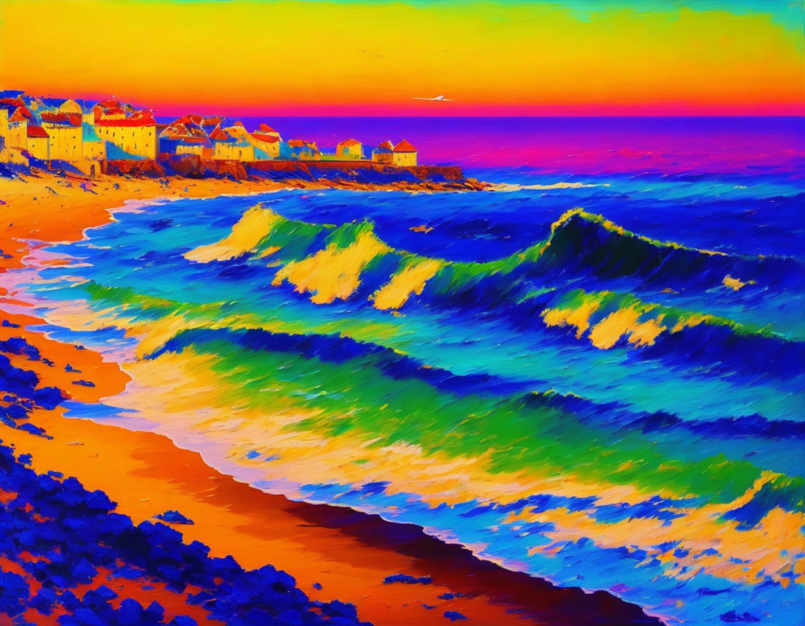 Colorful seaside painting with rolling waves and beach houses under a sunset sky