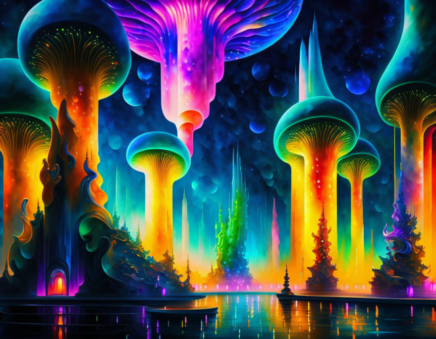 Fantasy landscape with neon-lit mushroom structures under starry sky