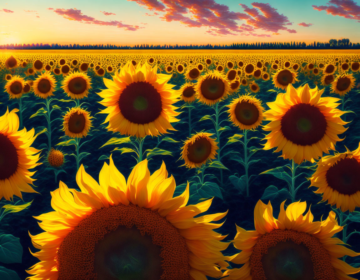 Sunflowers field at sunset with vibrant colors