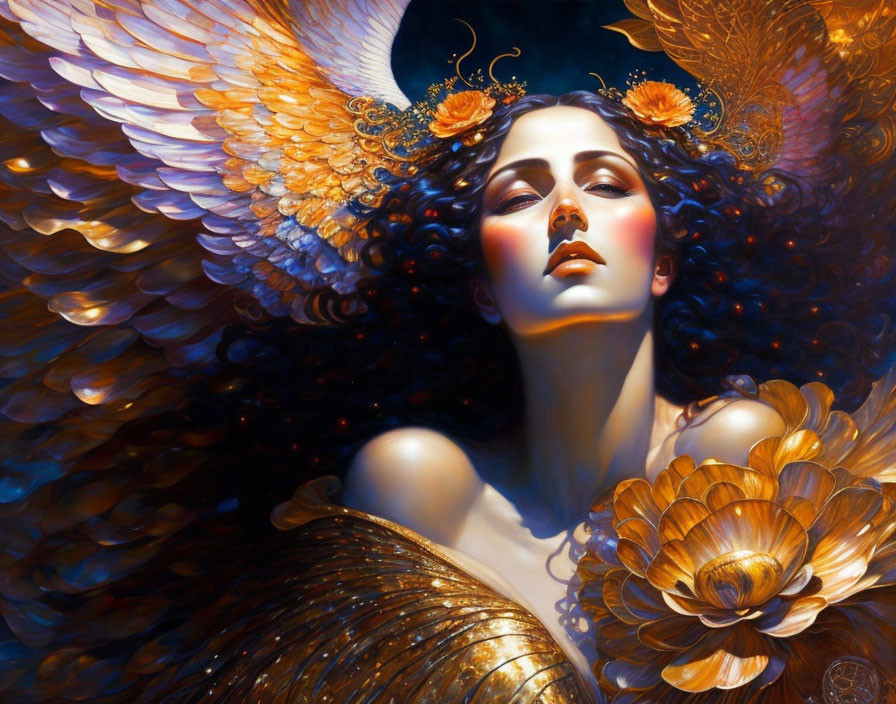 Fantastical Woman with Dark Hair and Angelic Wings Surrounded by Golden Accents and Lumin