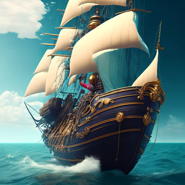 Tall ship with white sails and golden decorations sailing in azure seas