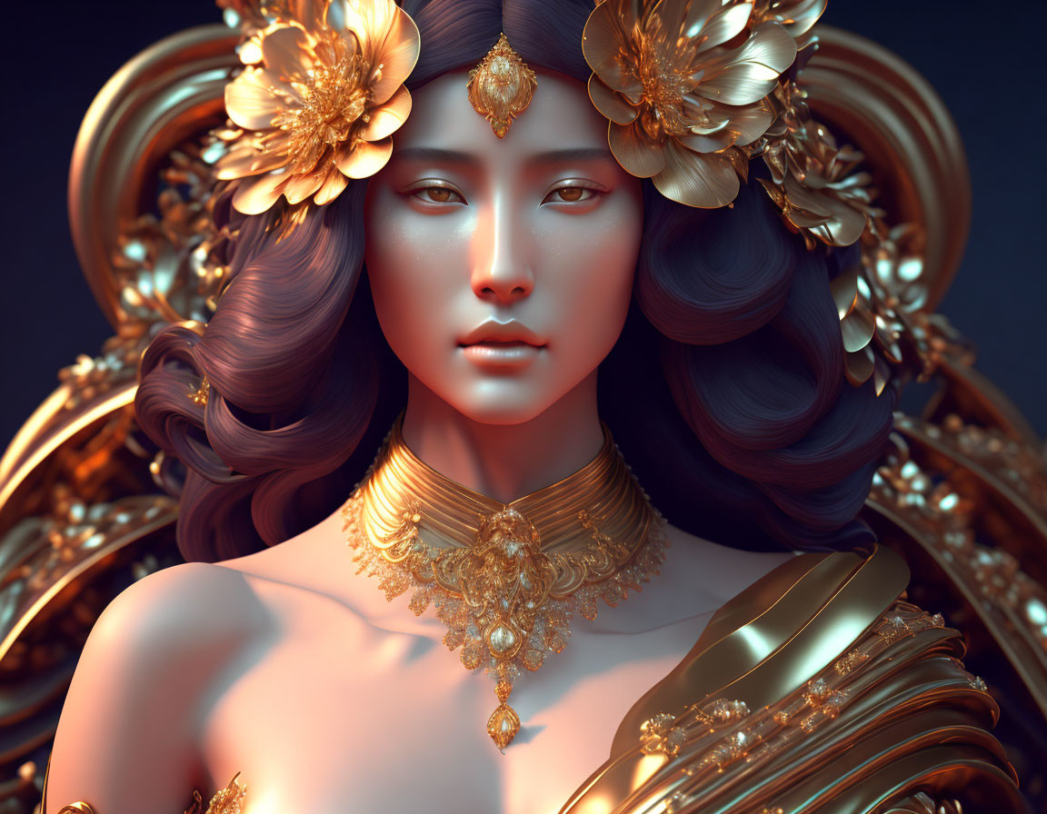 Detailed 3D illustration of woman in ornate gold jewelry and regal attire