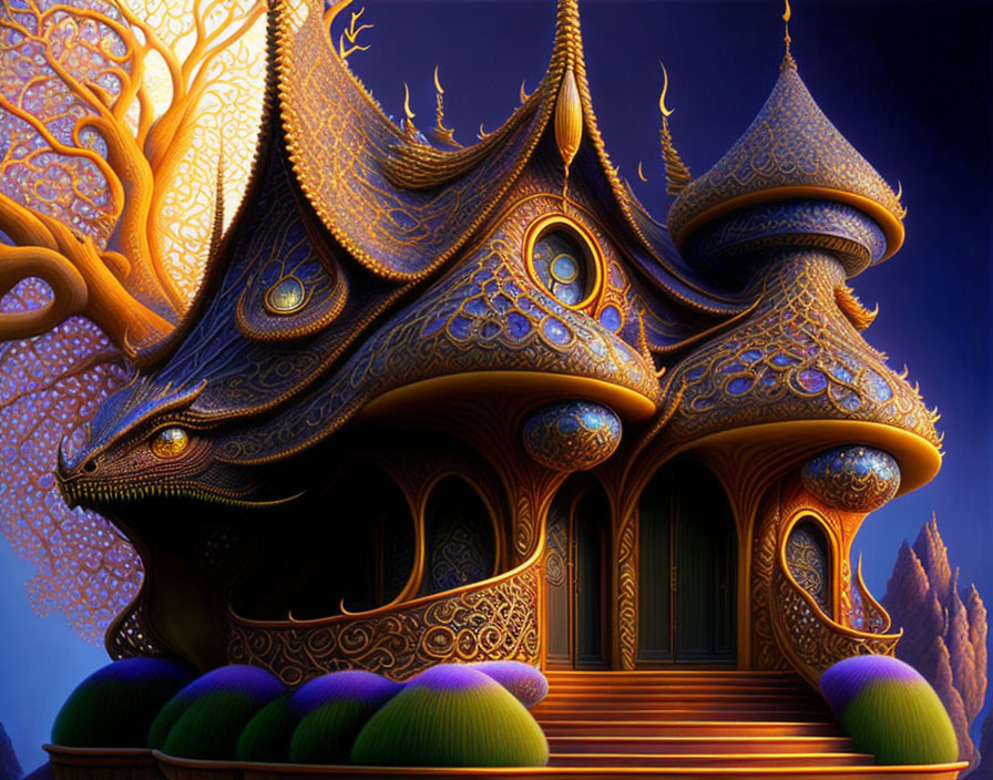 Fantasy-style dragon house with intricate designs in twilight setting