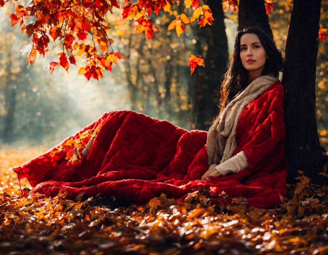 Woman in red blanket under autumn tree in golden forest.