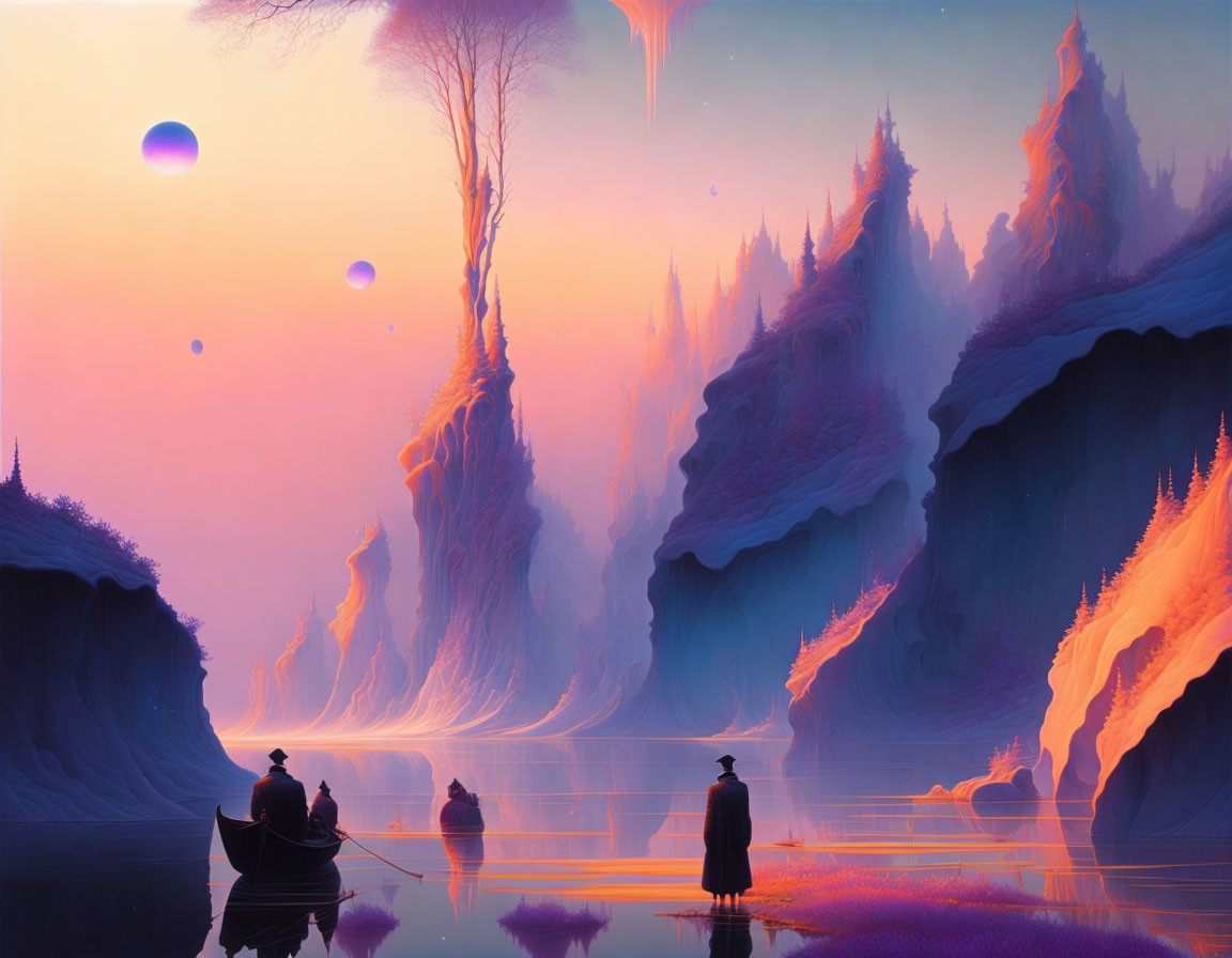 Majestic purple mountains, tranquil lake, figures in boat, ethereal orbs under pastel sky