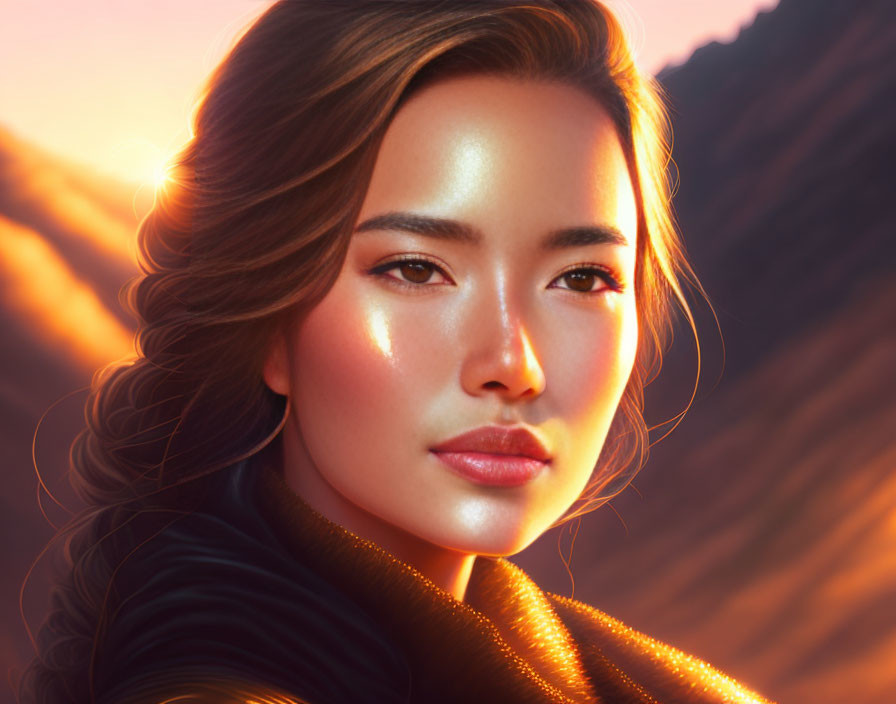 Digital portrait of woman in serene sunset ambiance