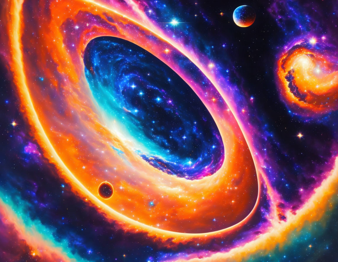 Colorful digital space artwork with galaxies, stars, nebulae, and planets