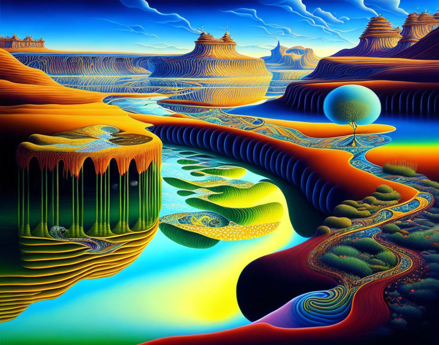 Colorful Surrealist Landscape with Flowing Rivers and Fantastical Formations