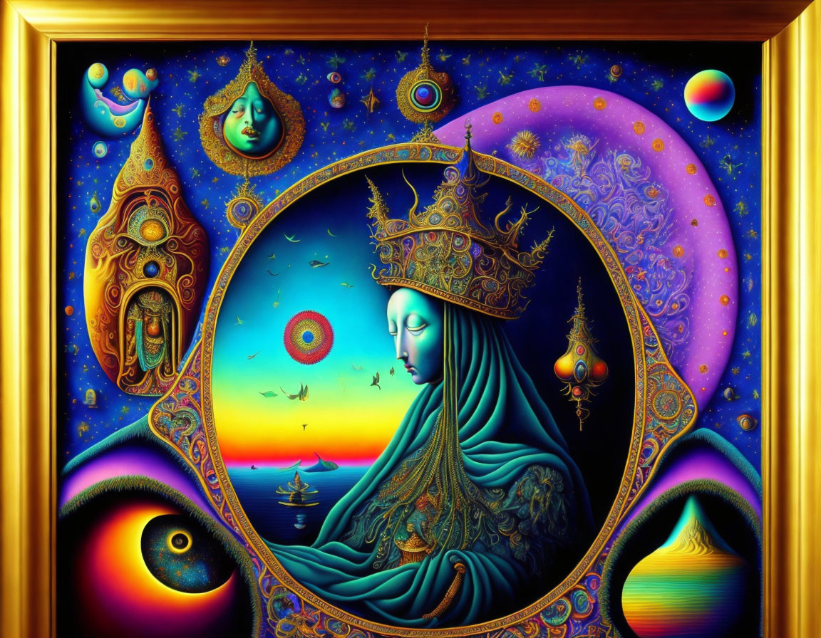 Colorful Surrealist Artwork: Serene Figure with Crown, Celestial Bodies, Eyes, Seas