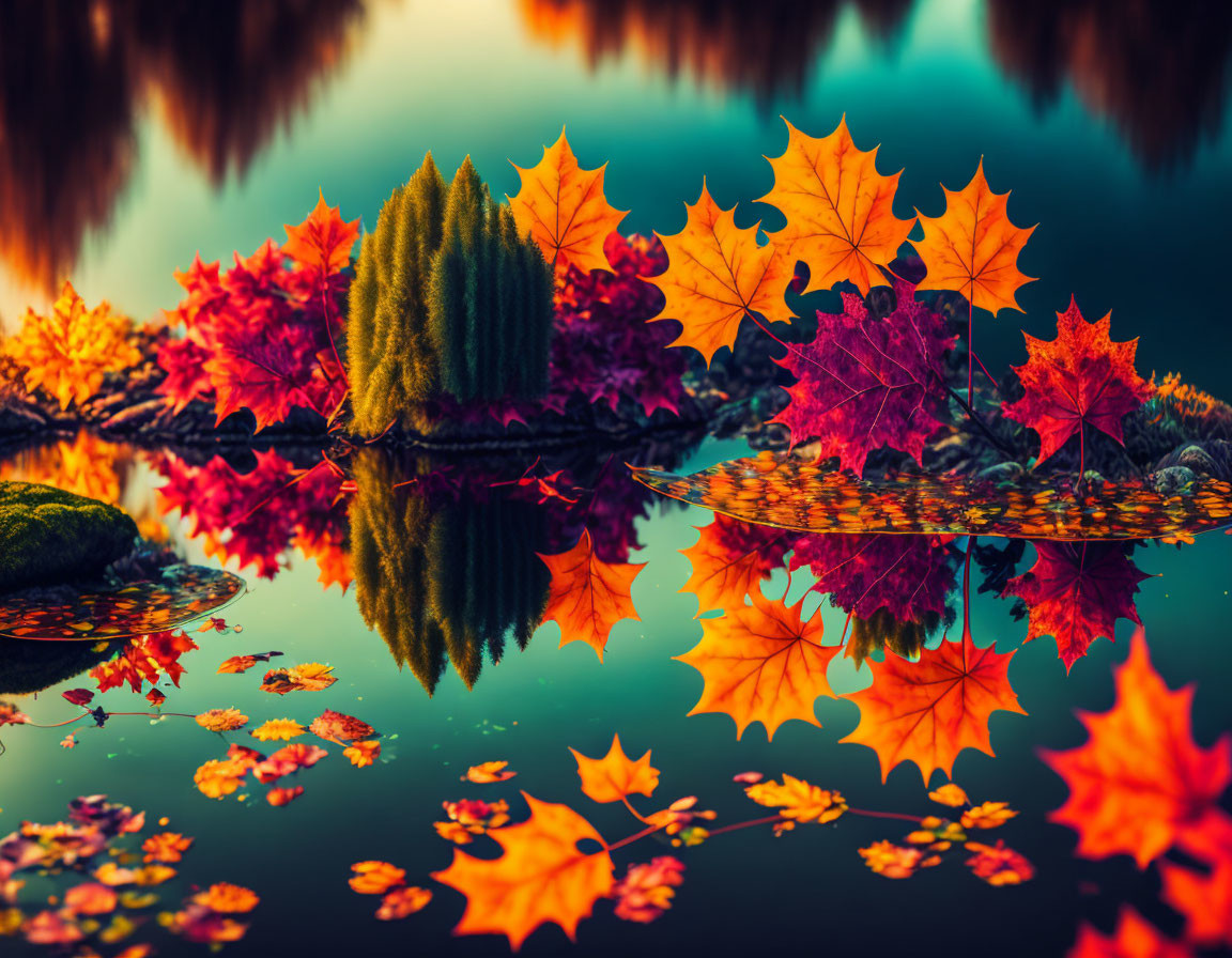 Autumn leaves on calm lake mirror colorful trees