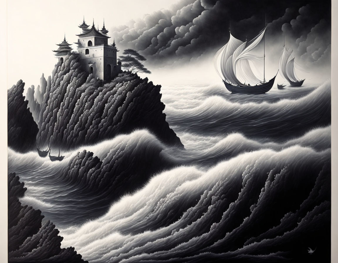 Monochrome sailboat artwork in stormy seas near cliff with pagoda under cloudy sky