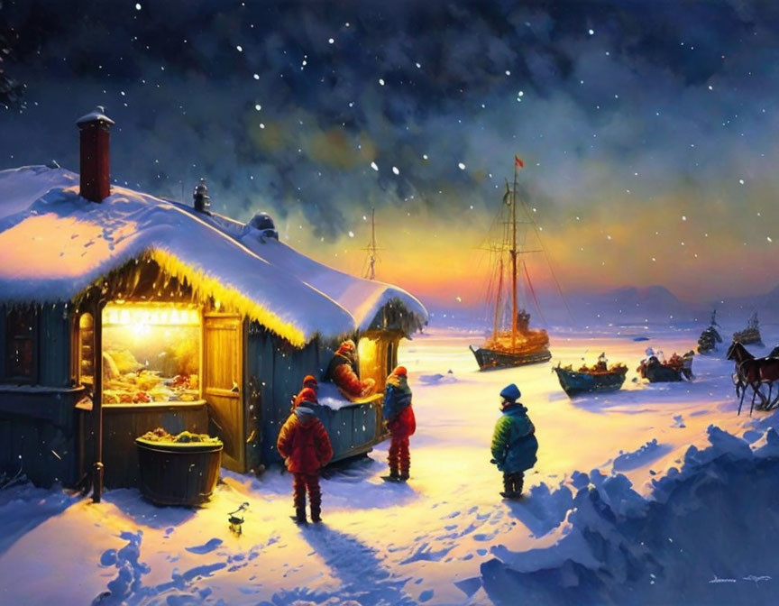 Winter Night Market Scene with Ship and Falling Snow