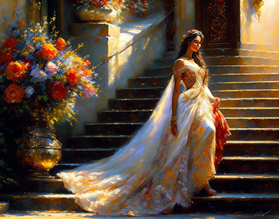 Elegant woman in long train dress on sunlit floral staircase