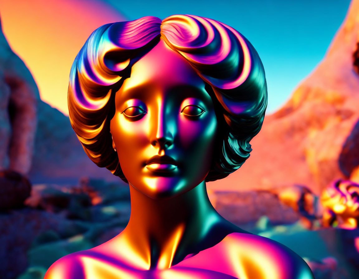 Colorful 3D metallic female bust in neon hues against surreal desert backdrop