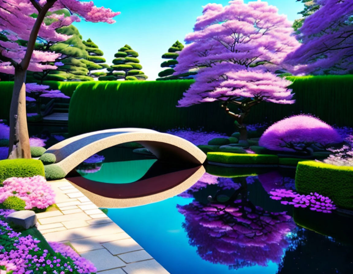 Vibrant pink trees in serene digital garden scene