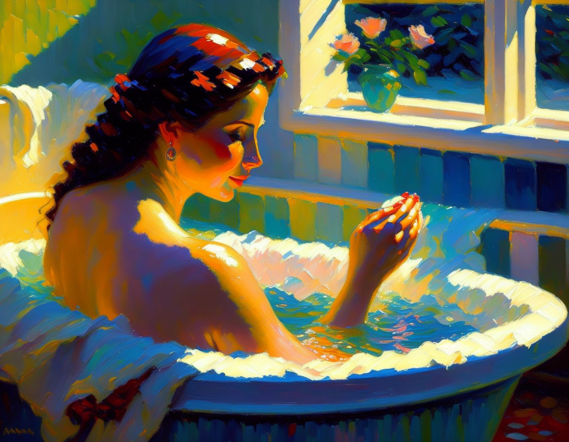 Woman bathes in sunlight by window, captivated by light on hands