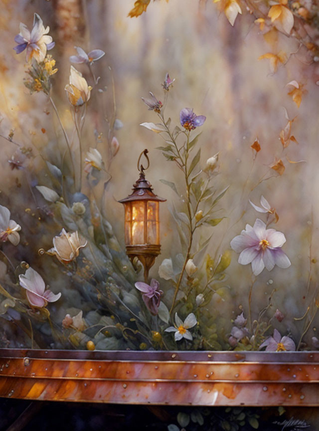 Whimsical painting of lantern and blooming flowers in magical setting