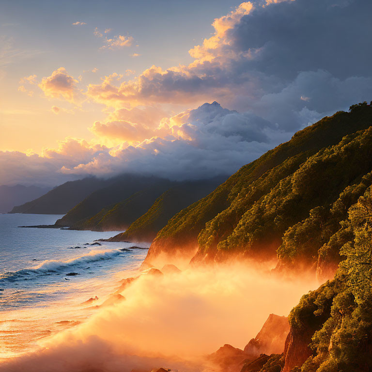 Scenic golden sunrise over misty coastline with lush hills.