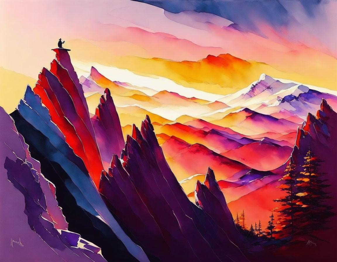 Colorful painting of mountain peaks at sunrise or sunset with lone figure.