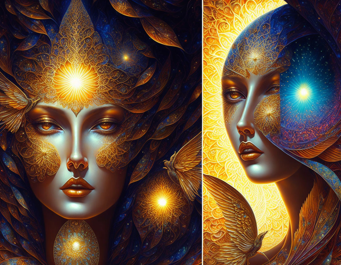 Vibrant fantasy artwork: Two female figures with cosmic headdresses in blues, golds, and