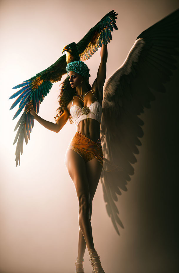 Woman in bikini with bird wings casting dramatic shadow