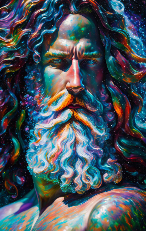 Colorful portrait of a man with cosmic patterns and flowing beard.