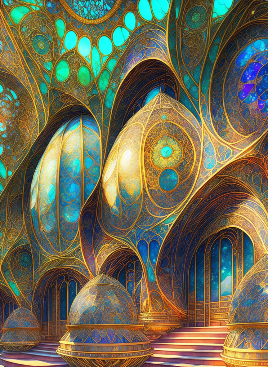 Ornate cathedral interior illustration with vibrant fractal patterns