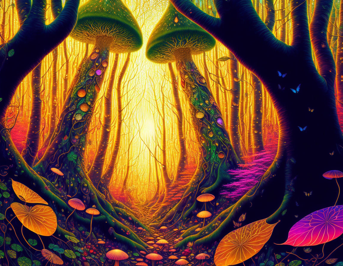 Colorful psychedelic forest with oversized mushrooms, trees, path, light, foliage & butterflies