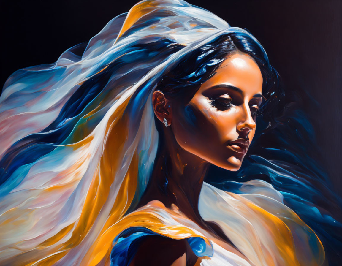 Colorful portrait of woman with flowing hair and striking light and shadow effects