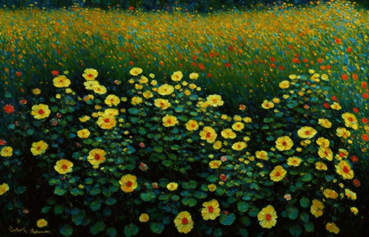 Colorful Impressionist Painting of Yellow Flowers on Dark Background