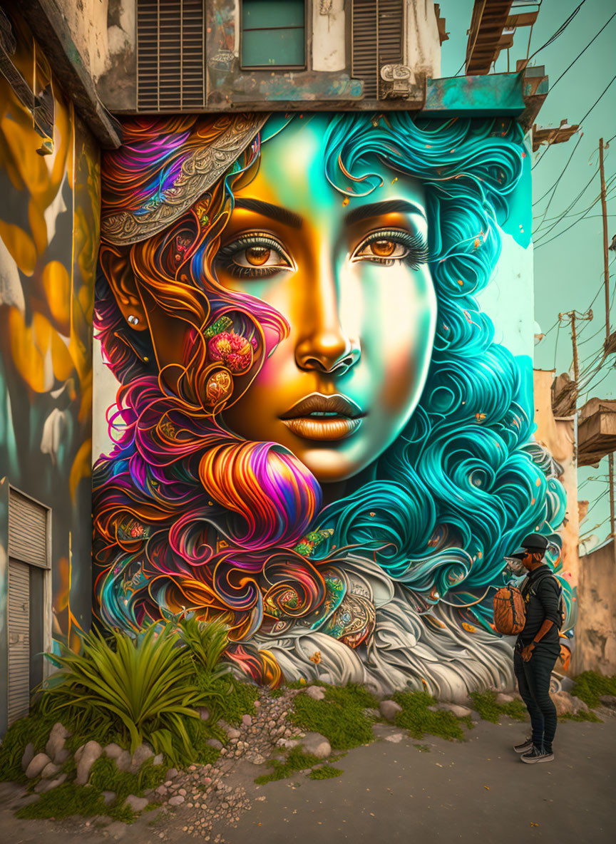 Colorful Street Mural Featuring Woman's Face and Swirling Hair Patterns